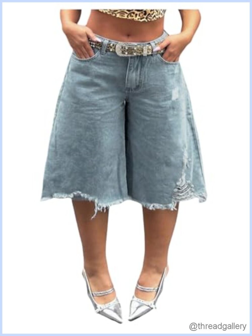 Plus Size Ripped Wide Leg Bermuda Denim Shorts with Pockets